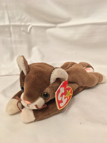 Pounce TY Beanie Baby brown cat with beige mittens